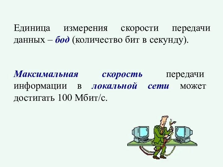 Единица измерения скорости передачи данных – бод (количество бит в секунду). Максимальная