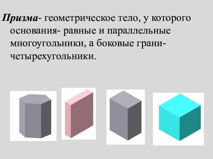 Призма- геометрическое тело, у которого основания- равные и параллельные многоугольники, а боковые грани- четырехугольники.