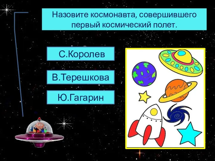 Назовите космонавта, совершившего первый космический полет. С.Королев В.Терешкова Ю.Гагарин