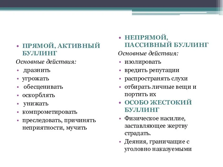 ПРЯМОЙ, АКТИВНЫЙ БУЛЛИНГ Основные действия: дразнить угрожать обесценивать оскорблять унижать компрометировать преследовать,