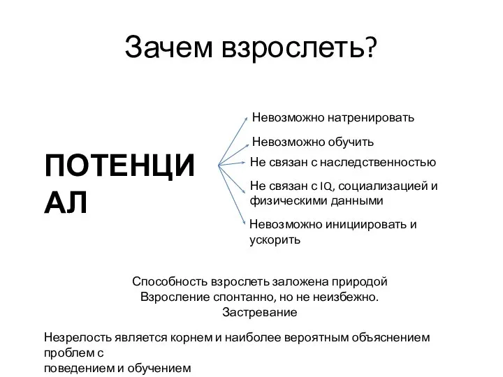 Зачем взрослеть? Способность взрослеть заложена природой Взросление спонтанно, но не неизбежно. Застревание