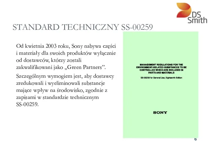 STANDARD TECHNICZNY SS-00259 Od kwietnia 2003 roku, Sony nabywa części i materiały