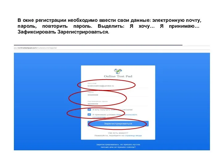 В окне регистрации необходимо ввести свои данные: электронную почту, пароль, повторить пароль.