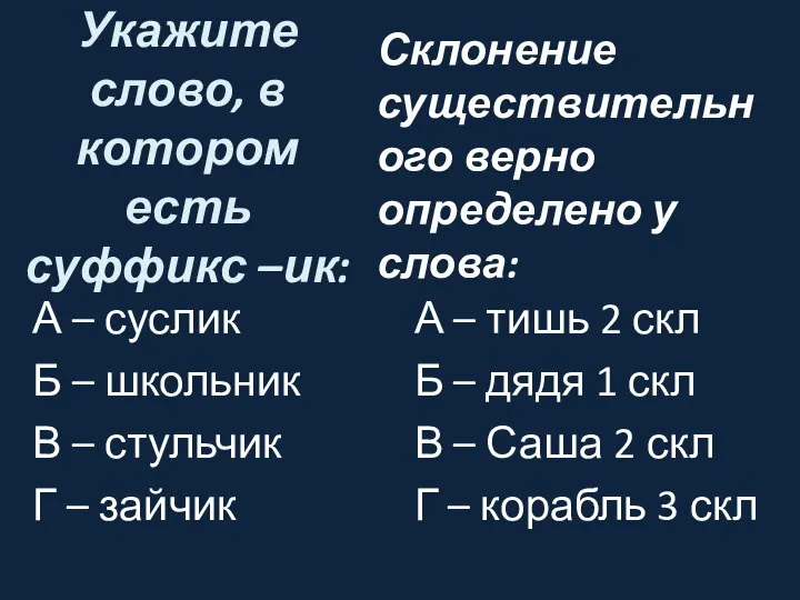 Укажите слово, в котором есть суффикс –ик: А – суслик Б –