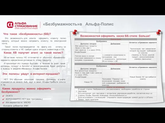 «Безбумажность»в Альфа-Полис Что такое «безбумажность» (ББ)? Это возможность для агента оформить клиенту