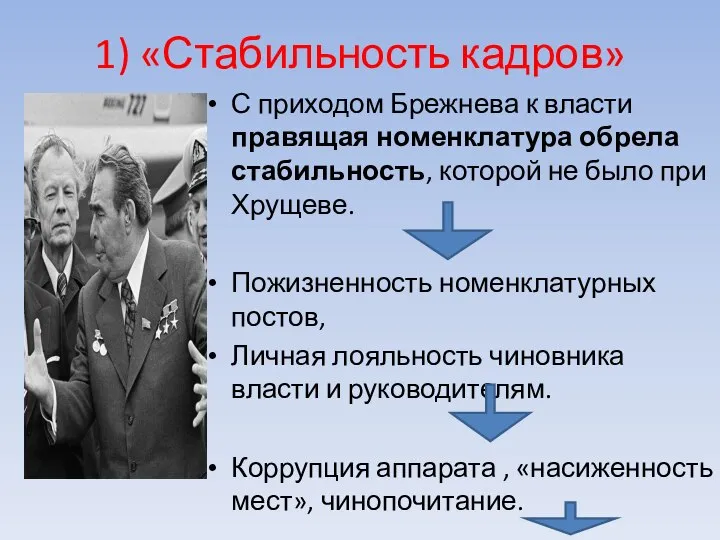 1) «Стабильность кадров» С приходом Брежнева к власти правящая номенклатура обрела стабильность,