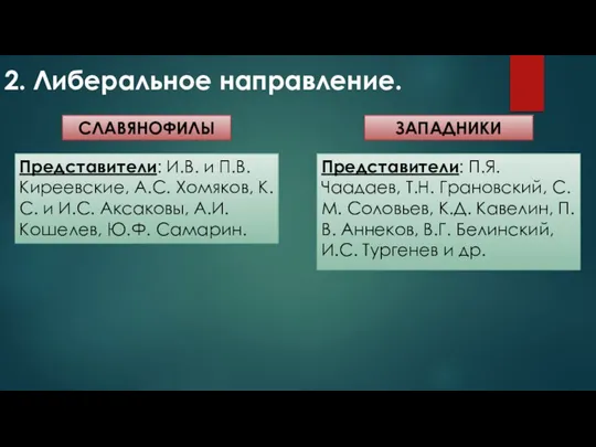 2. Либеральное направление. Представители: П.Я. Чаадаев, Т.Н. Грановский, С.М. Соловьев, К.Д. Кавелин,