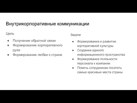 Внутрикорпоративные коммуникации Цель Получение обратной связи Формирование корпоративного духа Формирование любви к