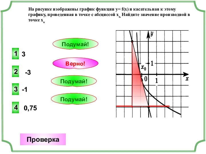 3 2 Верно! Проверка -3 1 Подумай! -1 3 Подумай! 0,75 4