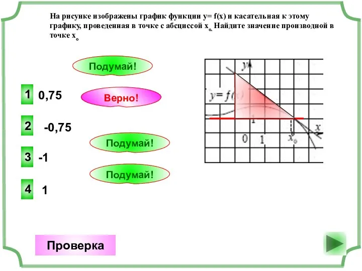 0,75 2 Верно! Проверка -0,75 1 Подумай! -1 3 Подумай! 1 4