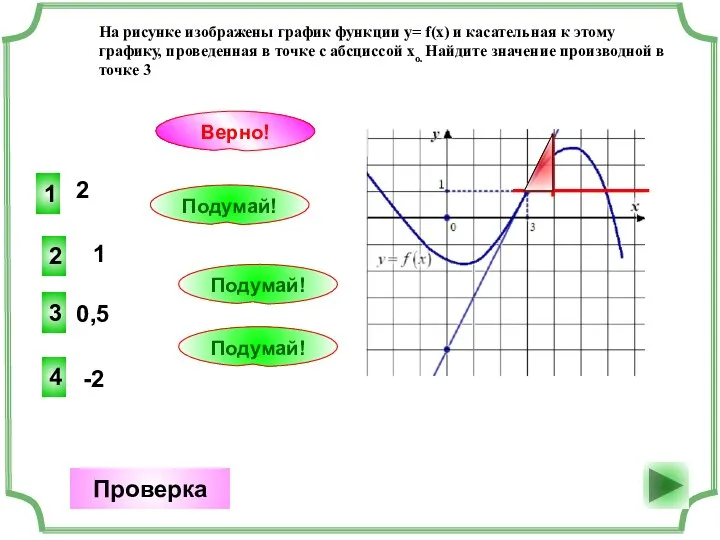 2 1 Верно! Проверка 1 2 Подумай! 0,5 3 Подумай! -2 4