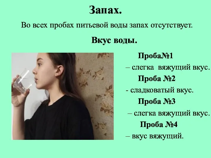 Запах. Во всех пробах питьевой воды запах отсутствует. Вкус воды. Проба№1 –