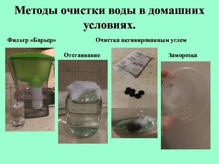 Методы очистки воды в домашних условиях. Фильтр «Барьер» Очистка активированным углем Отстаивание Заморозка