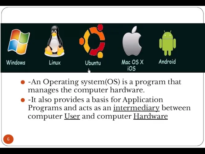 -An Operating system(OS) is a program that manages the computer hardware. -It