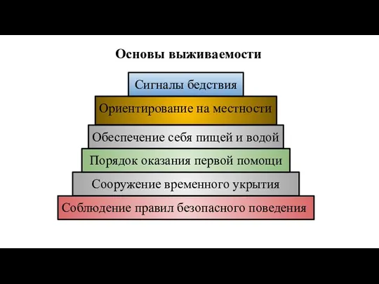 Основы выживаемости Ориентирование на местности Обеспечение себя пищей и водой Сооружение временного