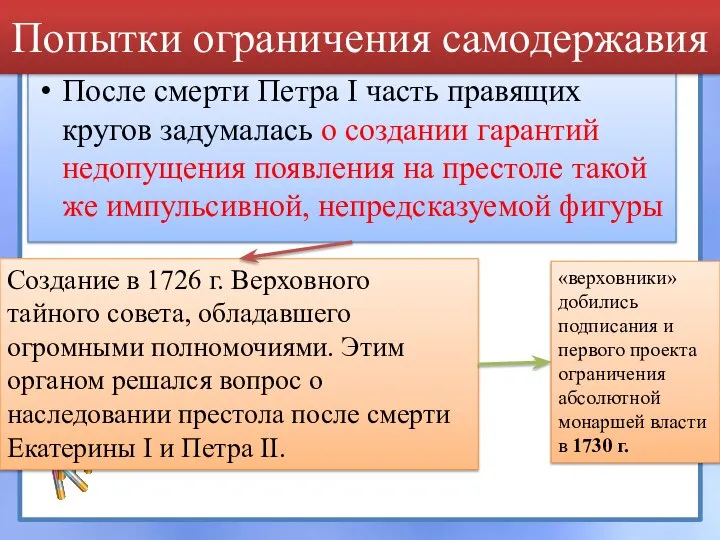 После смерти Петра I часть правящих кругов задумалась о создании гарантий недопущения