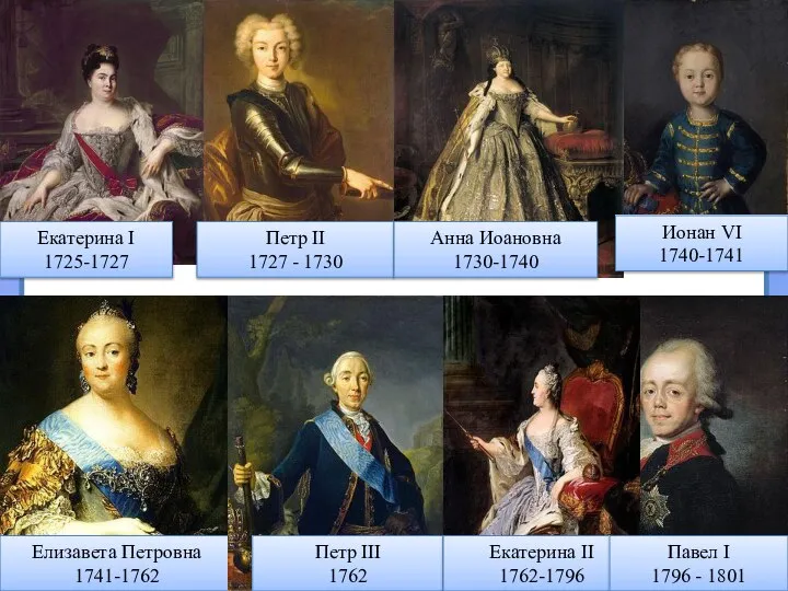 Екатерина I 1725-1727 Петр II 1727 - 1730 Анна Иоановна 1730-1740 Ионан