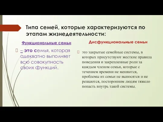 Типа семей, которые характеризуются по этапам жизнедеятельности: Функциональные семьи – это семья,