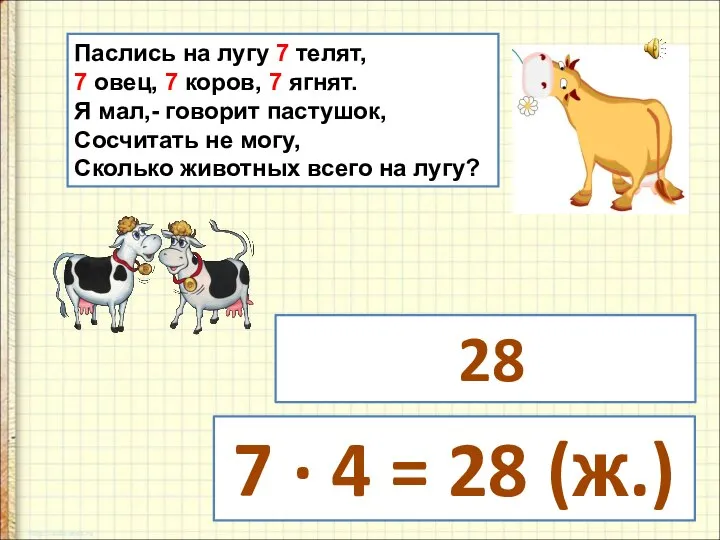 Паслись на лугу 7 телят, 7 овец, 7 коров, 7 ягнят. Я