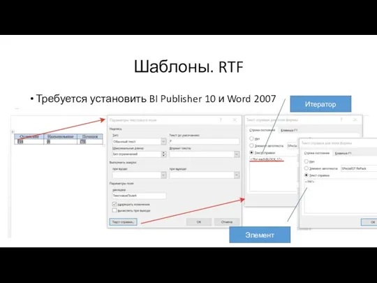 Шаблоны. RTF Требуется установить BI Publisher 10 и Word 2007 Итератор Элемент