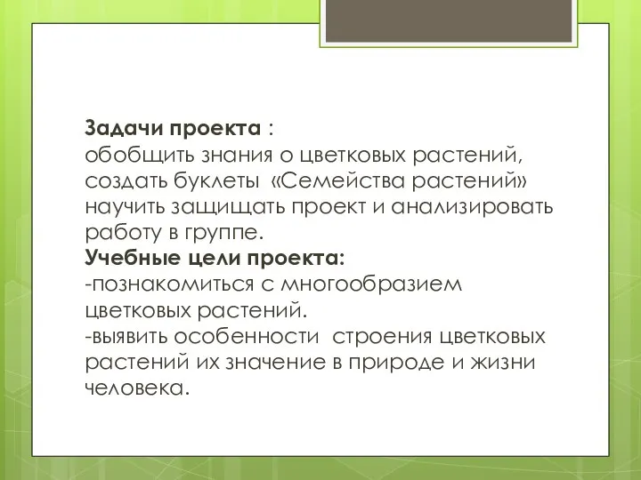 Задачи проекта : обобщить знания о цветковых растений, создать буклеты «Семейства растений»