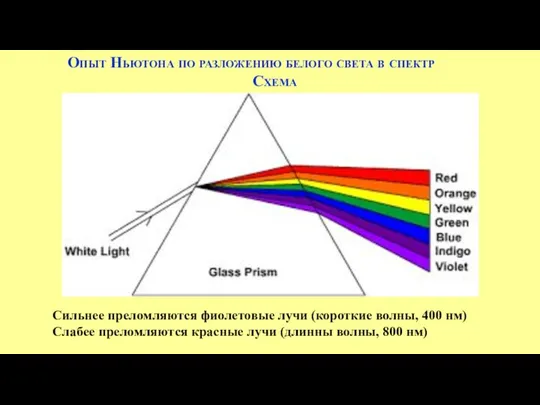 Опыт Ньютона по разложению белого света в спектр Схема Сильнее преломляются фиолетовые