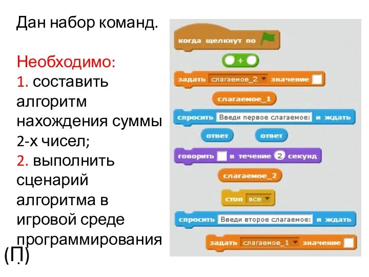 (П) Дан набор команд. Необходимо: 1. составить алгоритм нахождения суммы 2-х чисел;