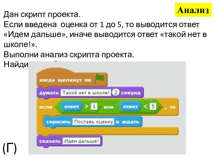 Дан скрипт проекта. Если введена оценка от 1 до 5, то выводится