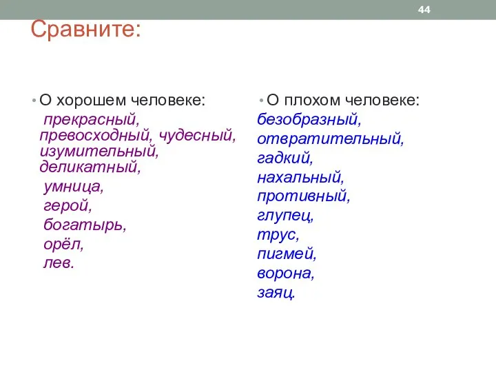 Сравните: О хорошем человеке: прекрасный, превосходный, чудесный, изумительный, деликатный, умница, герой, богатырь,