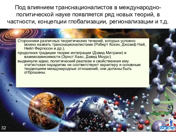 Под влиянием транснационалистов в международно-политической науке появляется ряд новых теорий, в частности,