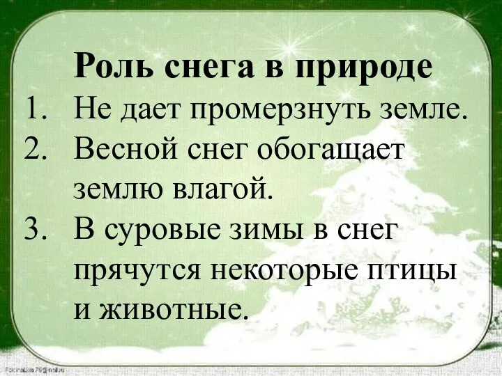 Роль снега в природе Не дает промерзнуть земле. Весной снег обогащает землю