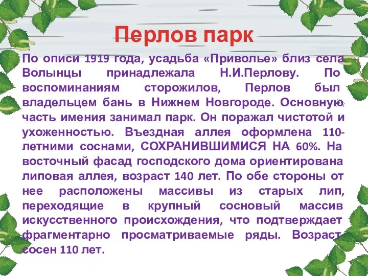 Перлов парк По описи 1919 года, усадьба «Приволье» близ села Волынцы принадлежала