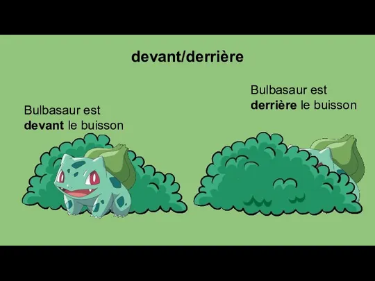 devant/derrière Bulbasaur est devant le buisson Bulbasaur est derrière le buisson