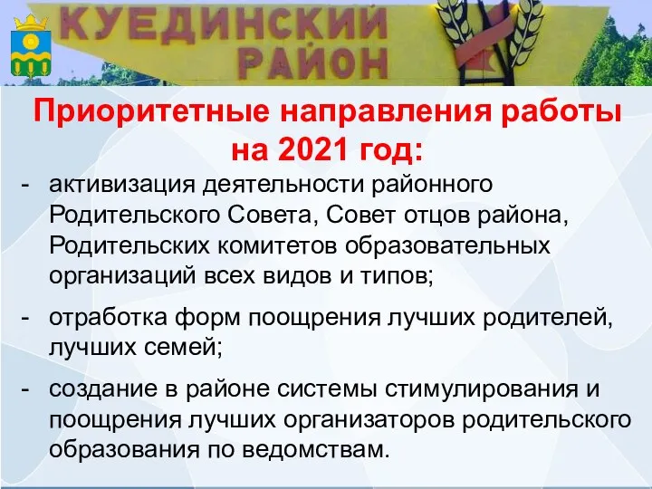 Приоритетные направления работы на 2021 год: активизация деятельности районного Родительского Совета, Совет