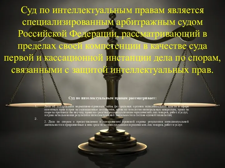 Суд по интеллектуальным правам является специализированным арбитражным судом Российской Федерации, рассматривающий в