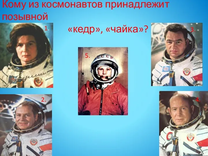 1. 2. 3. 4. 5. Кому из космонавтов принадлежит позывной «кедр», «чайка»?