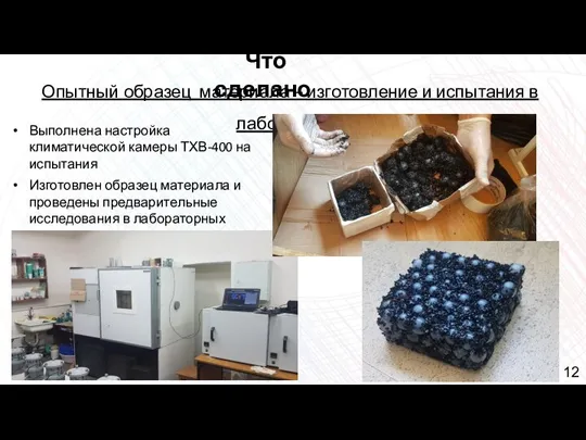 Что сделано Выполнена настройка климатической камеры ТХВ-400 на испытания Изготовлен образец материала