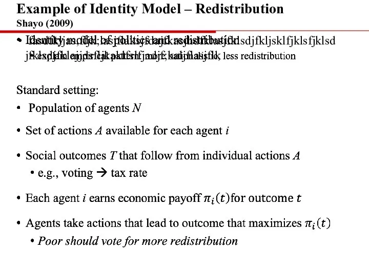 • fasdfkljas;fljk;lasjflaksjfdajfkasjhdfklasjfklsdjfkljsklfjklsfjklsdjfklsdjfklajjdsfljkaklfslfjadjf;kaljflasjflk Example of Identity Model – Redistribution Shayo (2009)