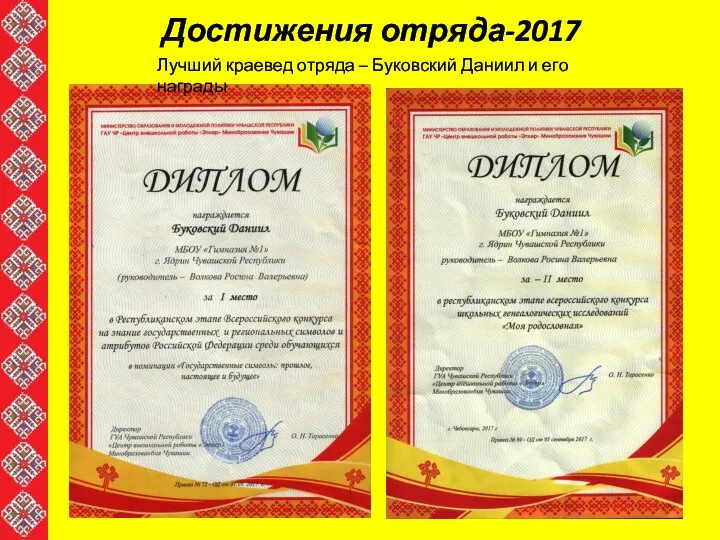 Достижения отряда-2017 Лучший краевед отряда – Буковский Даниил и его награды