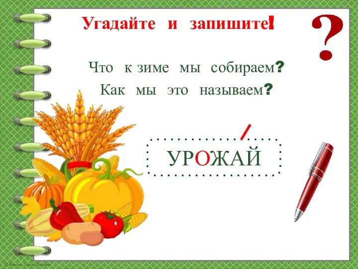 Угадайте и запишите! Что к зиме мы собираем? Как мы это называем? УРОЖАЙ