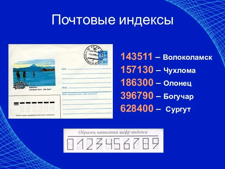 Почтовые индексы 143511 – Волоколамск 157130 – Чухлома 186300 – Олонец 396790