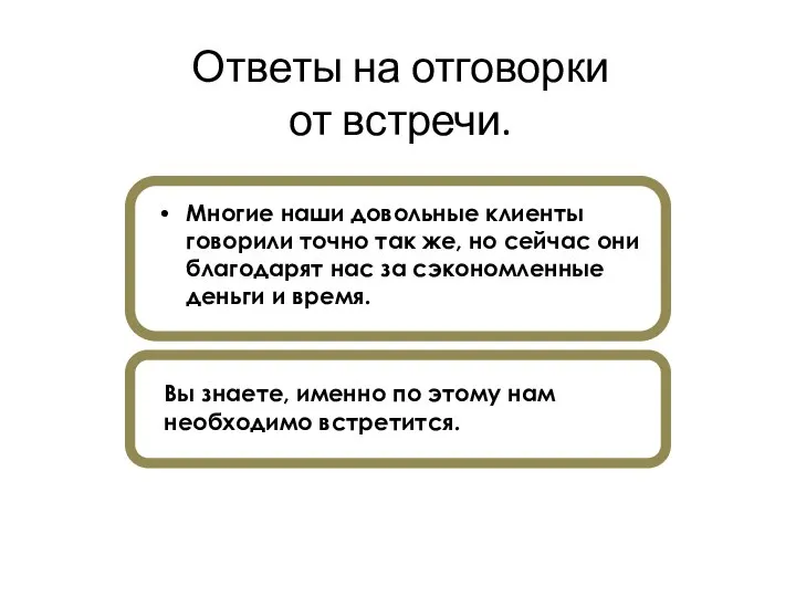 Ответы на отговорки от встречи. Многие наши довольные клиенты говорили точно так