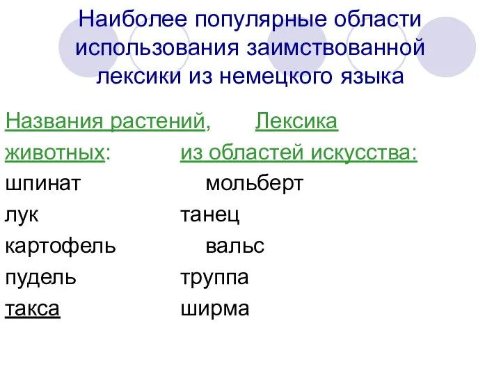 Наиболее популярные области использования заимствованной лексики из немецкого языка Названия растений, Лексика