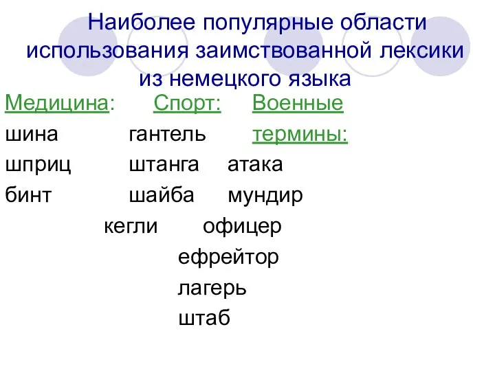 Наиболее популярные области использования заимствованной лексики из немецкого языка Медицина: Спорт: Военные