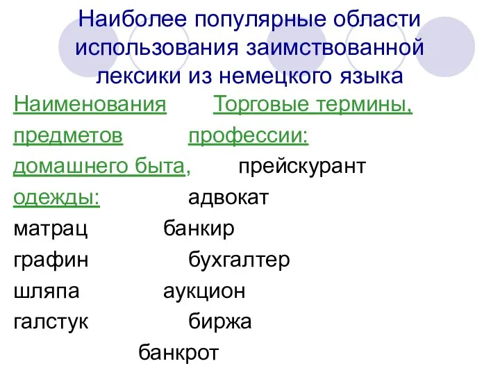 Наиболее популярные области использования заимствованной лексики из немецкого языка Наименования Торговые термины,