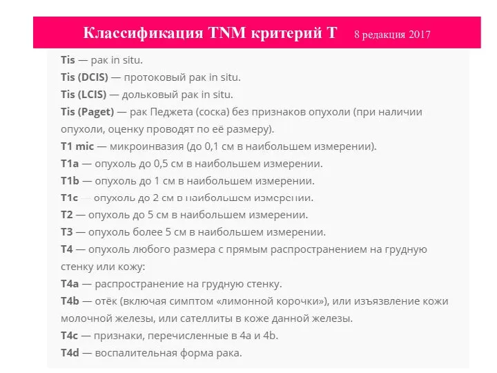 Классификация TNM критерий Т 8 редакция 2017 Классификация TNM критерий Т 8 редакция 2017