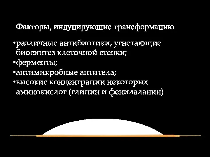 Факторы, индуцирующие трансформацию различные антибиотики, угнетающие биосинтез клеточной стенки; ферменты; антимикробные антитела;