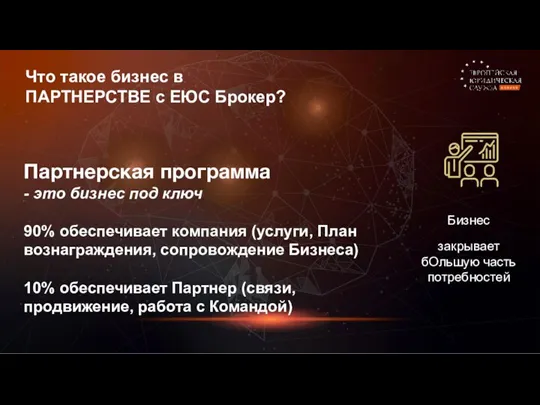 Что такое бизнес в ПАРТНЕРСТВЕ с ЕЮС Брокер? Бизнес закрывает бОльшую часть