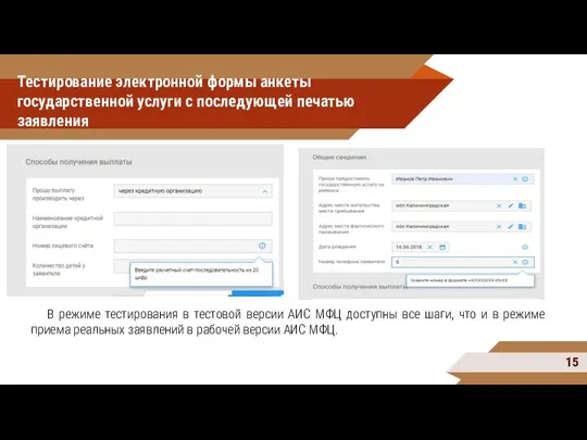 Тестирование электронной формы анкеты государственной услуги с последующей печатью заявления В режиме