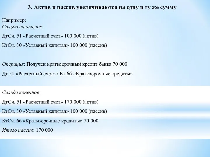 3. Актив и пассив увеличиваются на одну и ту же сумму Например: